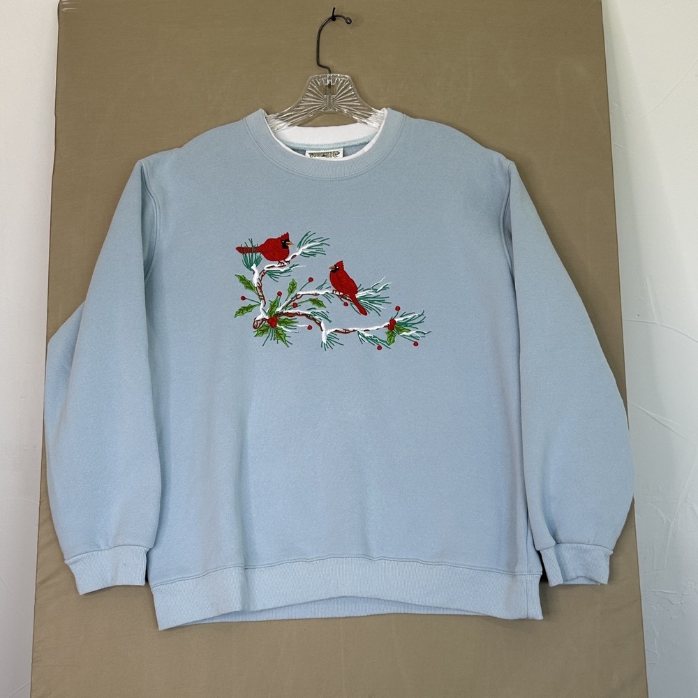 VTG Embroidered Sweatshirt Cardinal Sz L Christmas Granny Cottagecore Holiday‎
